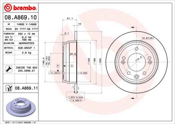 Brembo 08.A869.11 - Brake Disc parts5.com