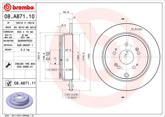 Brembo 08.A871.11 - Тормозной диск www.parts5.com