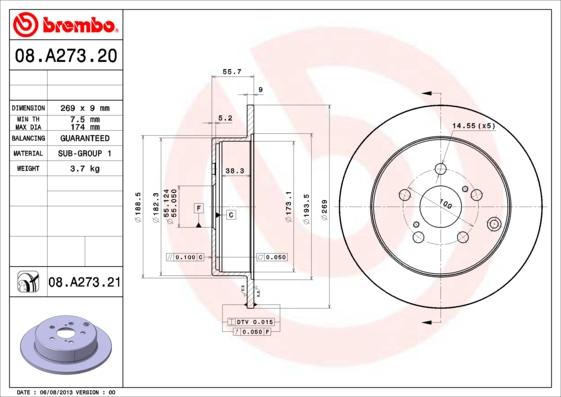 Brembo 08.A273.21 - Disc frana www.parts5.com