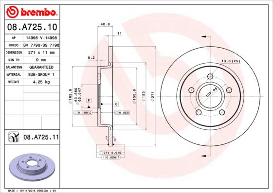 Brembo 08.A725.11 - Brzdový kotúč www.parts5.com