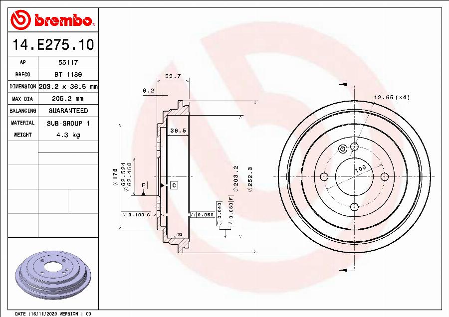 Brembo 14.E275.10 - Тормозной барабан www.parts5.com