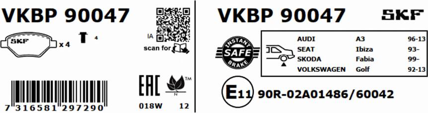 SKF VKBP 90047 - Тормозные колодки, дисковые, комплект www.parts5.com