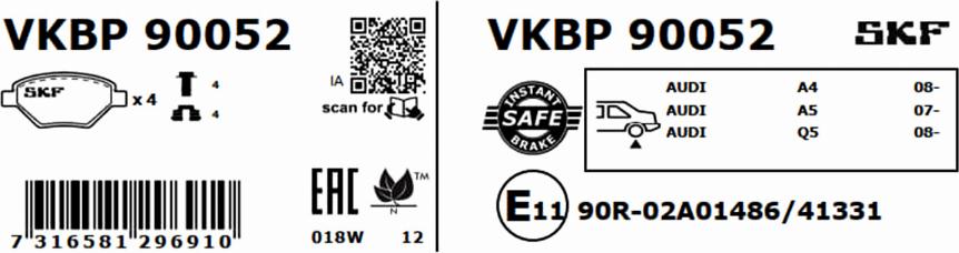 SKF VKBP 90052 - Тормозные колодки, дисковые, комплект www.parts5.com