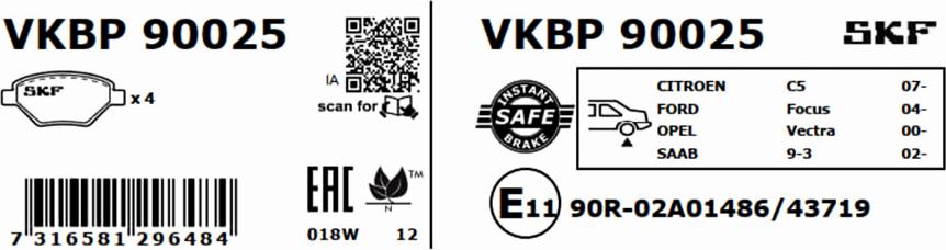 SKF VKBP 90025 - Komplet zavornih oblog, ploscne (kolutne) zavore www.parts5.com