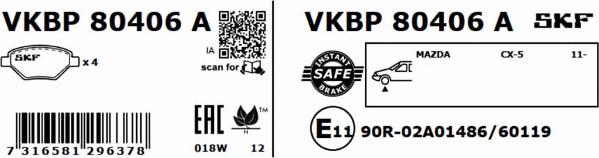 SKF VKBP 80406 A - Тормозные колодки, дисковые, комплект www.parts5.com