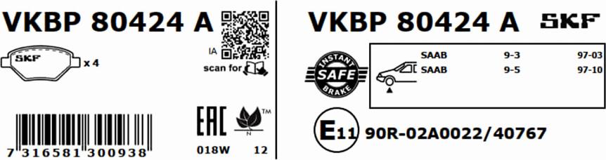 SKF VKBP 80424 A - Тормозные колодки, дисковые, комплект www.parts5.com