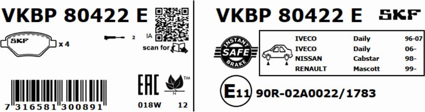 SKF VKBP 80422 E - Тормозные колодки, дисковые, комплект www.parts5.com