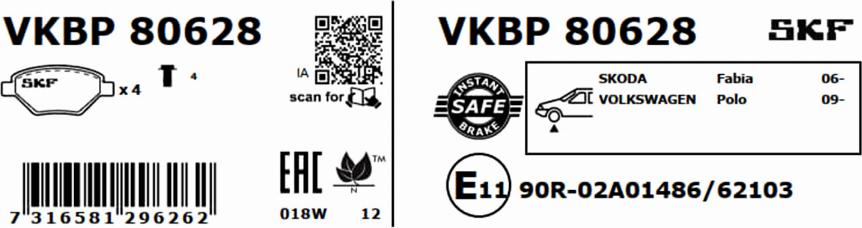 SKF VKBP 80628 - Brake Pad Set, disc brake www.parts5.com