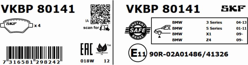 SKF VKBP 80141 - Тормозные колодки, дисковые, комплект www.parts5.com