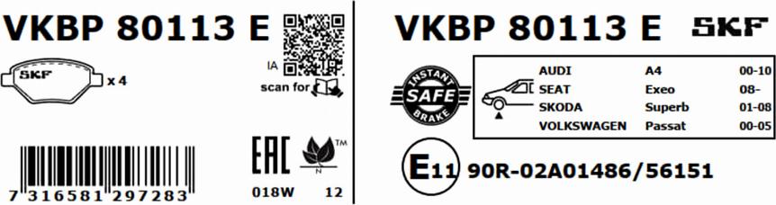 SKF VKBP 80113 E - Тормозные колодки, дисковые, комплект www.parts5.com