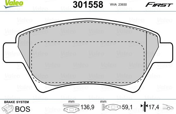 Valeo 301558 - Σετ τακάκια, δισκόφρενα www.parts5.com