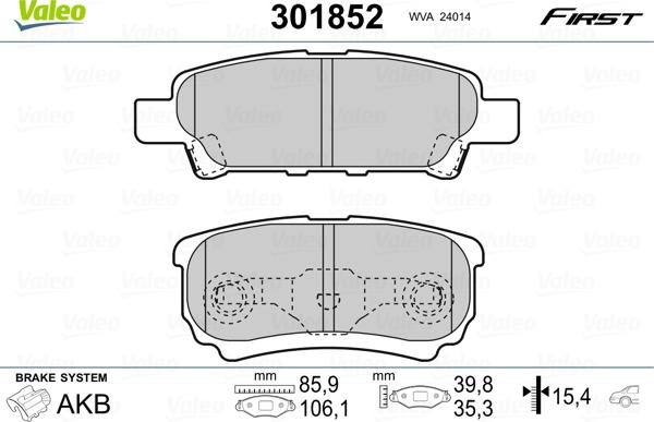 Valeo 301852 - Sada brzdových platničiek kotúčovej brzdy www.parts5.com