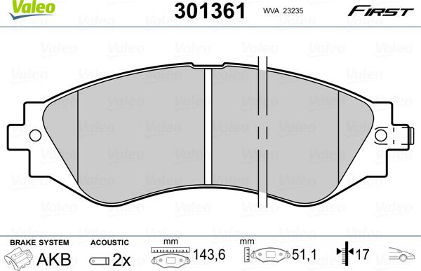 Valeo 301361 - Тормозные колодки, дисковые, комплект www.parts5.com