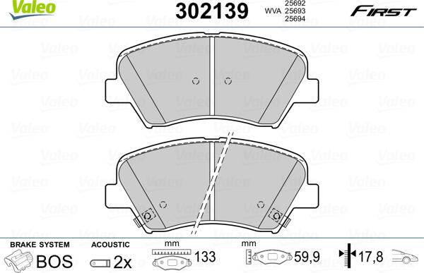 Valeo 302139 - Тормозные колодки, дисковые, комплект www.parts5.com