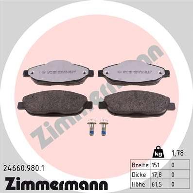 Zimmermann 24660.980.1 - Brake Pad Set, disc brake www.parts5.com