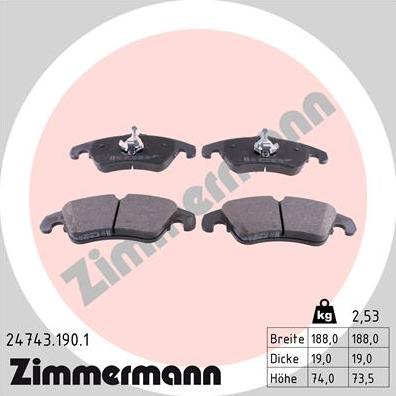 Zimmermann 24743.190.1 - Комплект спирачно феродо, дискови спирачки www.parts5.com