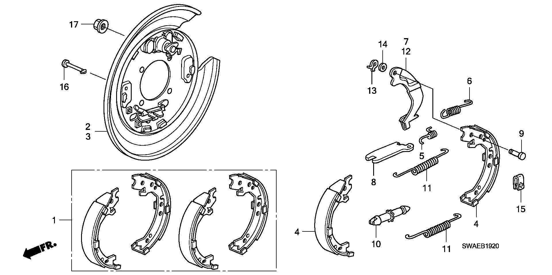 Honda 43053SWW000 - Σετ σιαγόνων φρένων, χειρόφρενο www.parts5.com